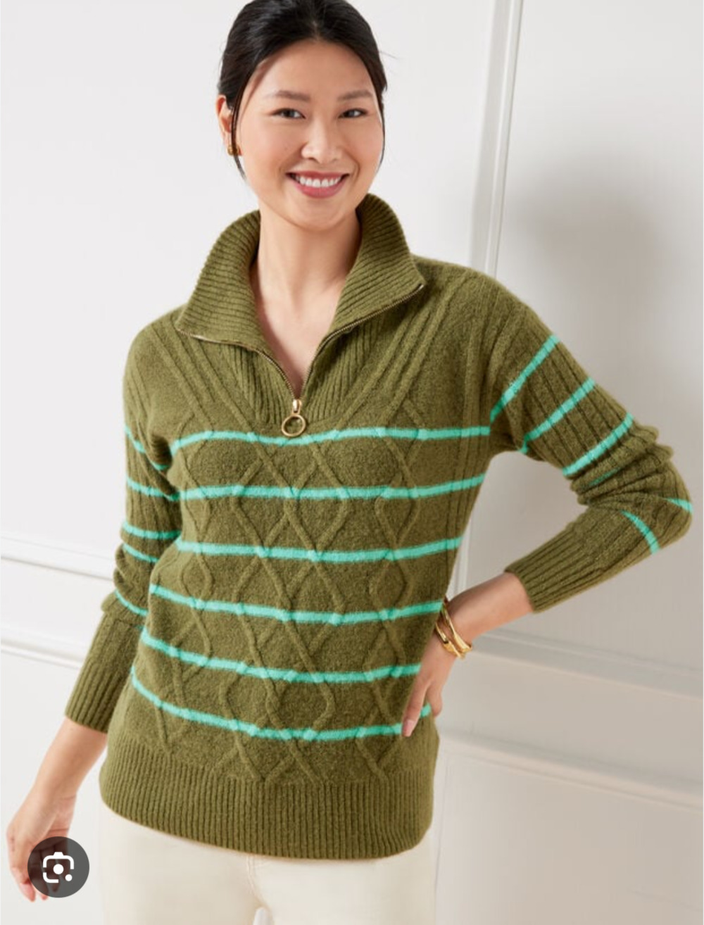 Talbots Cable Knit Half-Zip Sweater L Green Olive Stripe Soft Mature Preppy